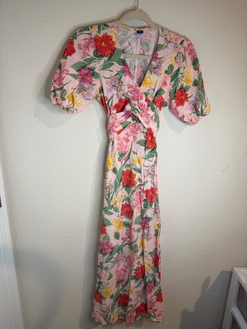 Old Navy Floral Pink Wrap Maxi Dress with Puff Sleeves